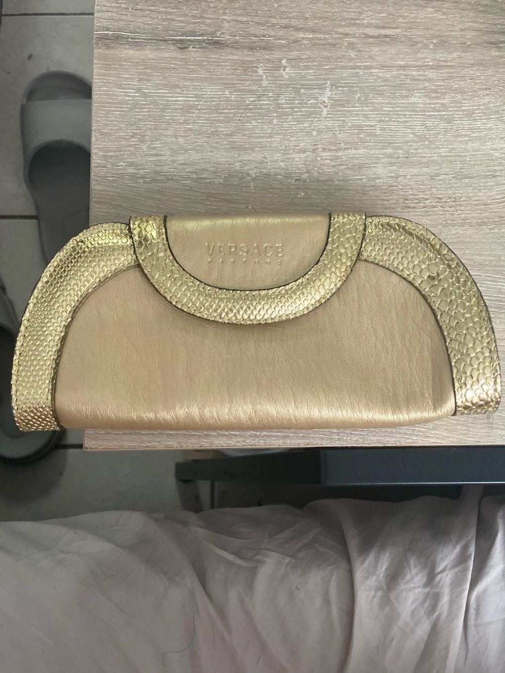 Vintage Versace Parfums Metallic Gold Leather Clutch with Snakeskin Trim